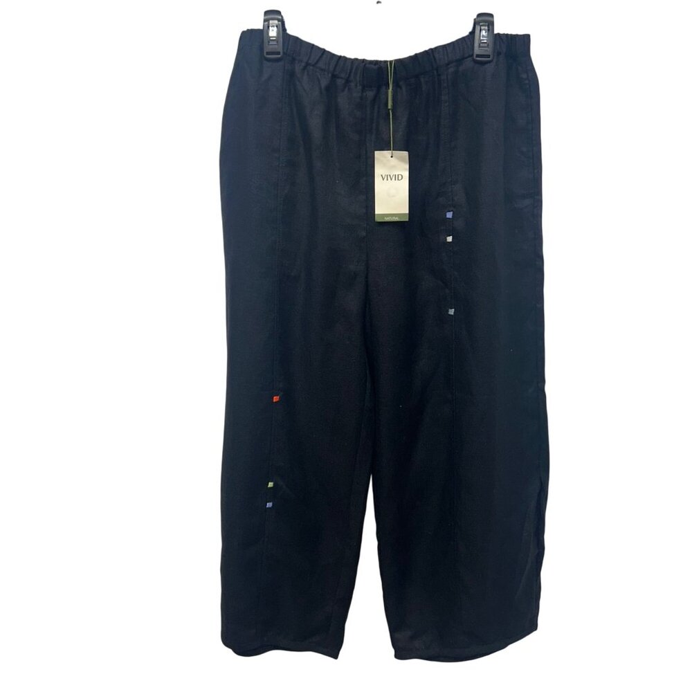 NWT Vivid Black Linen Elastic Waist Pants Colorful Stitch Details Large lagenloo